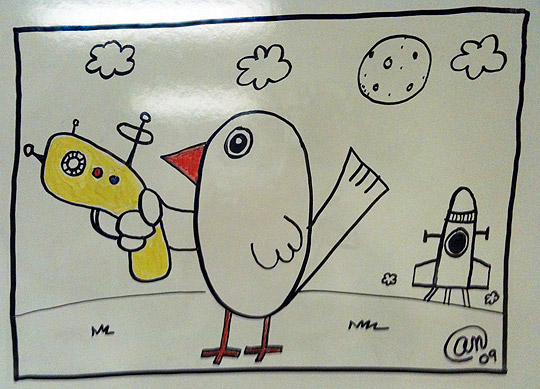 bird and raygun whiteboard drawing
