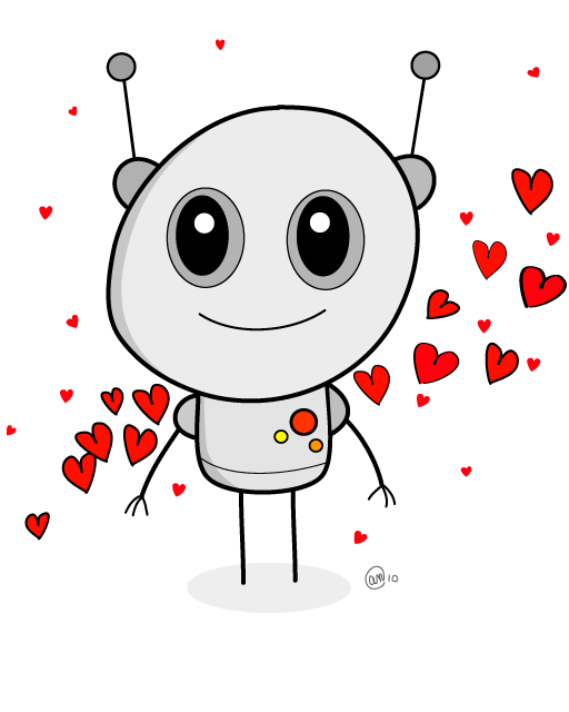 little robot with floating hearts