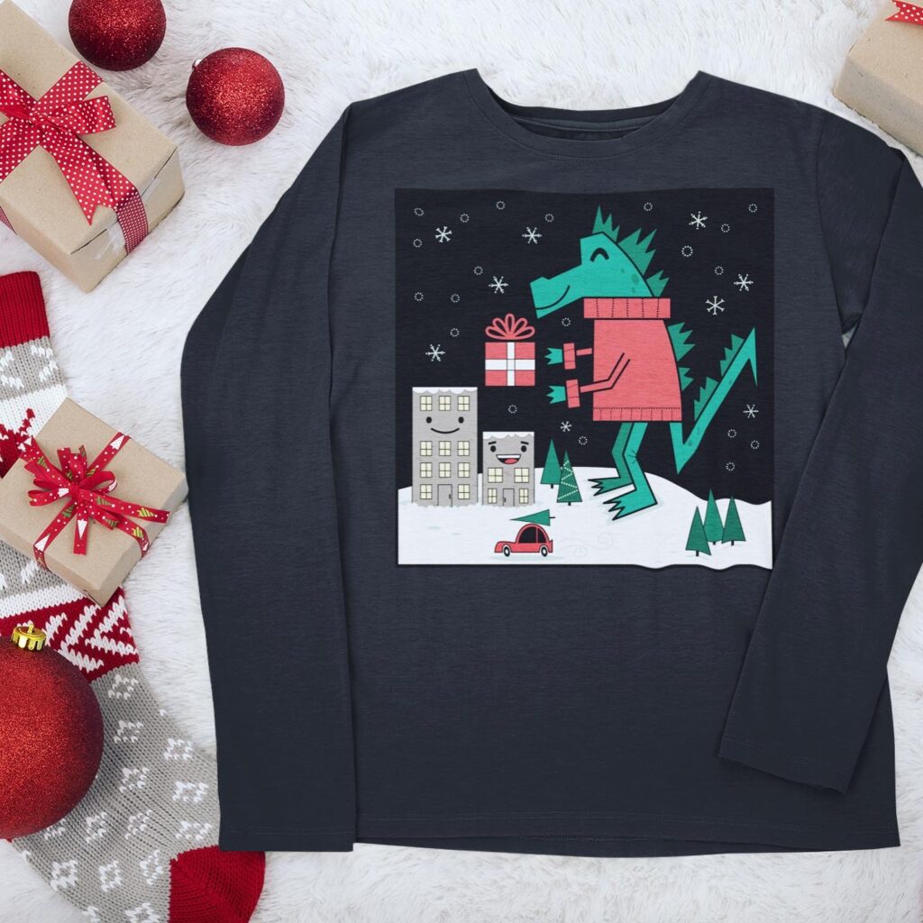 Kaiju Christmas illustration design on a t-shirt 