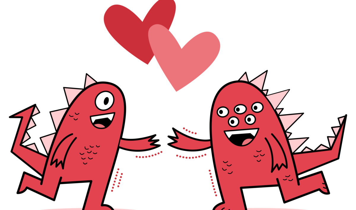 an illustration of cute monsters celebrating Valentine's Day
