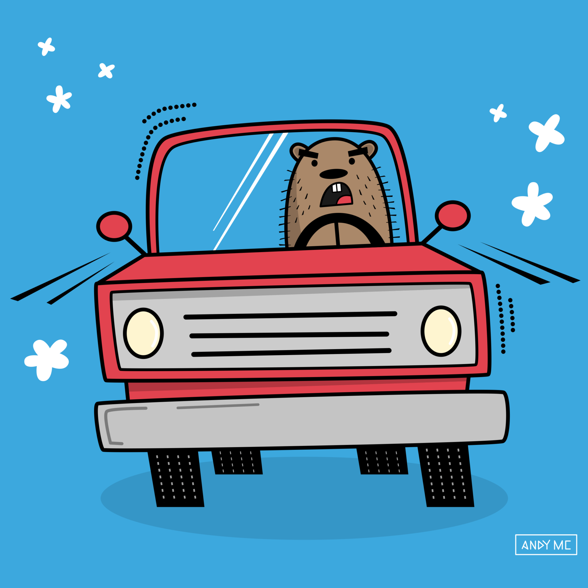 Illustration of a groundhog driving a truck