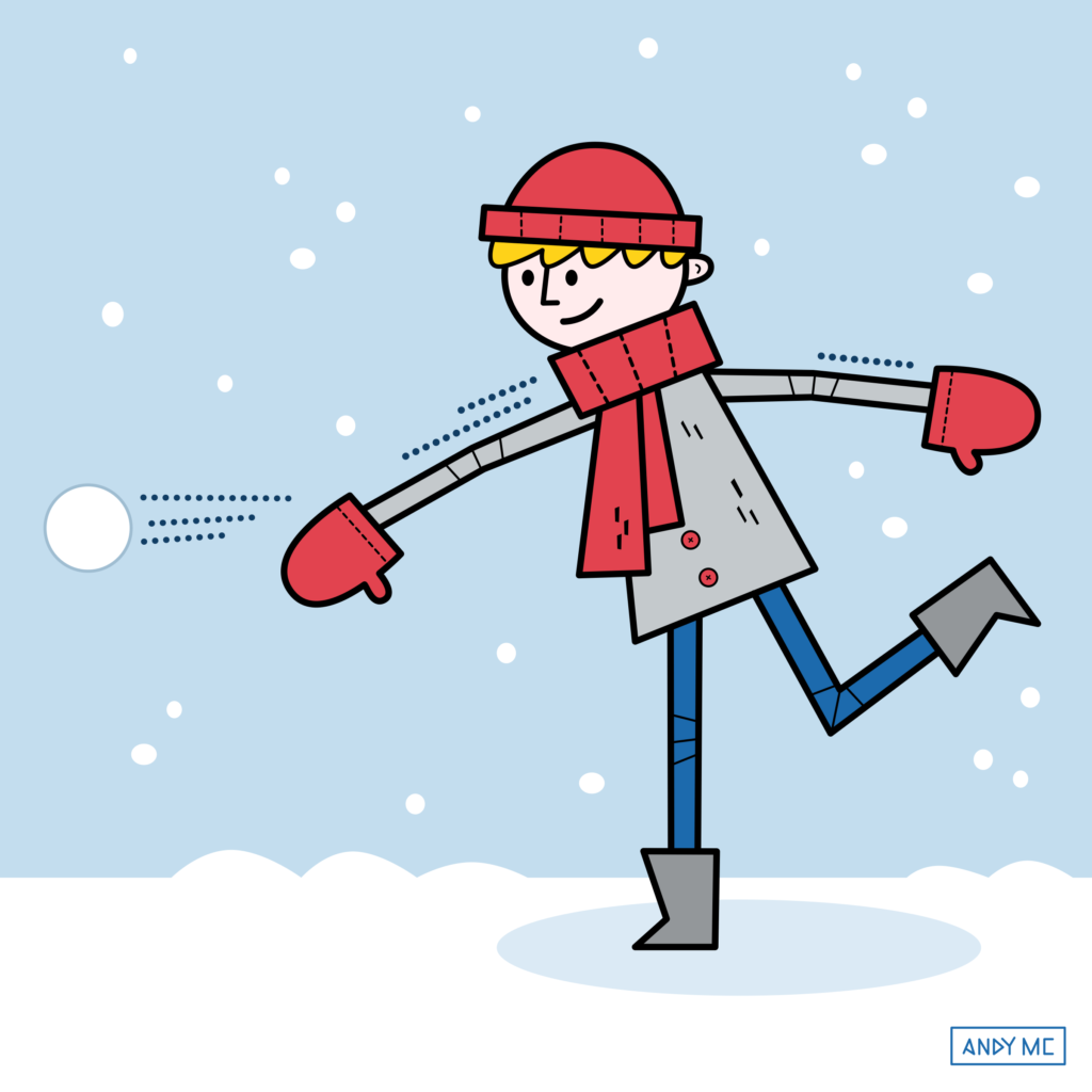 an illustration of a young man throwing a snowball