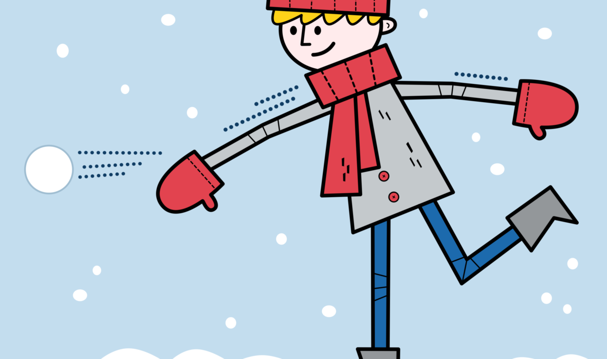 an illustration of a young man throwing a snowball