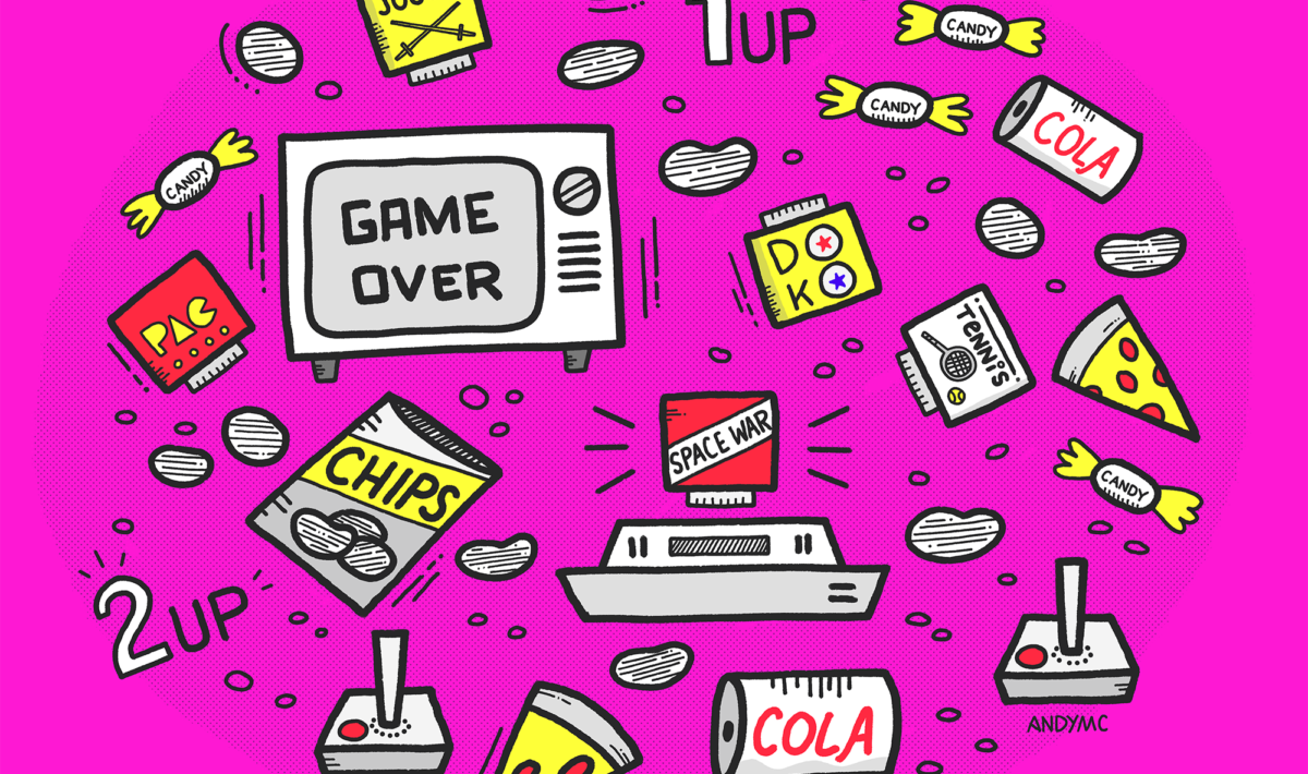 an illustration of an 80s video game console, pizza slices, and junk food