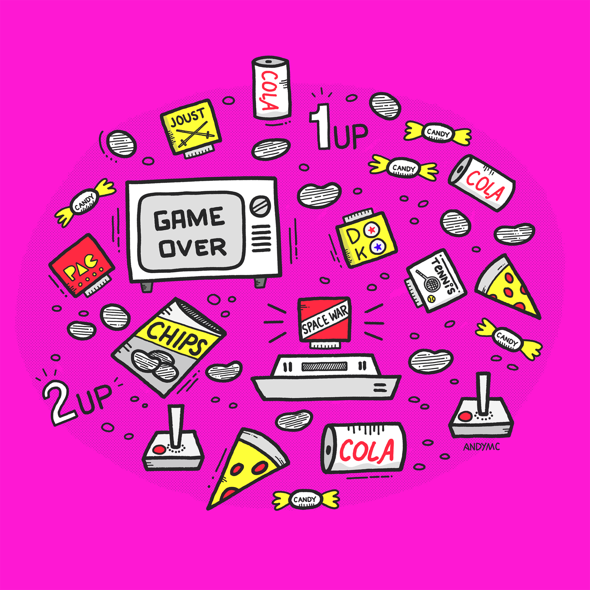 an illustration of an 80s video game console, pizza slices, and junk food