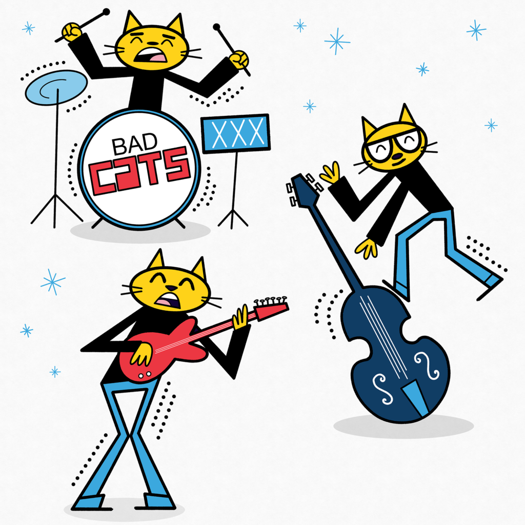 an illustration of three cats playing rock music