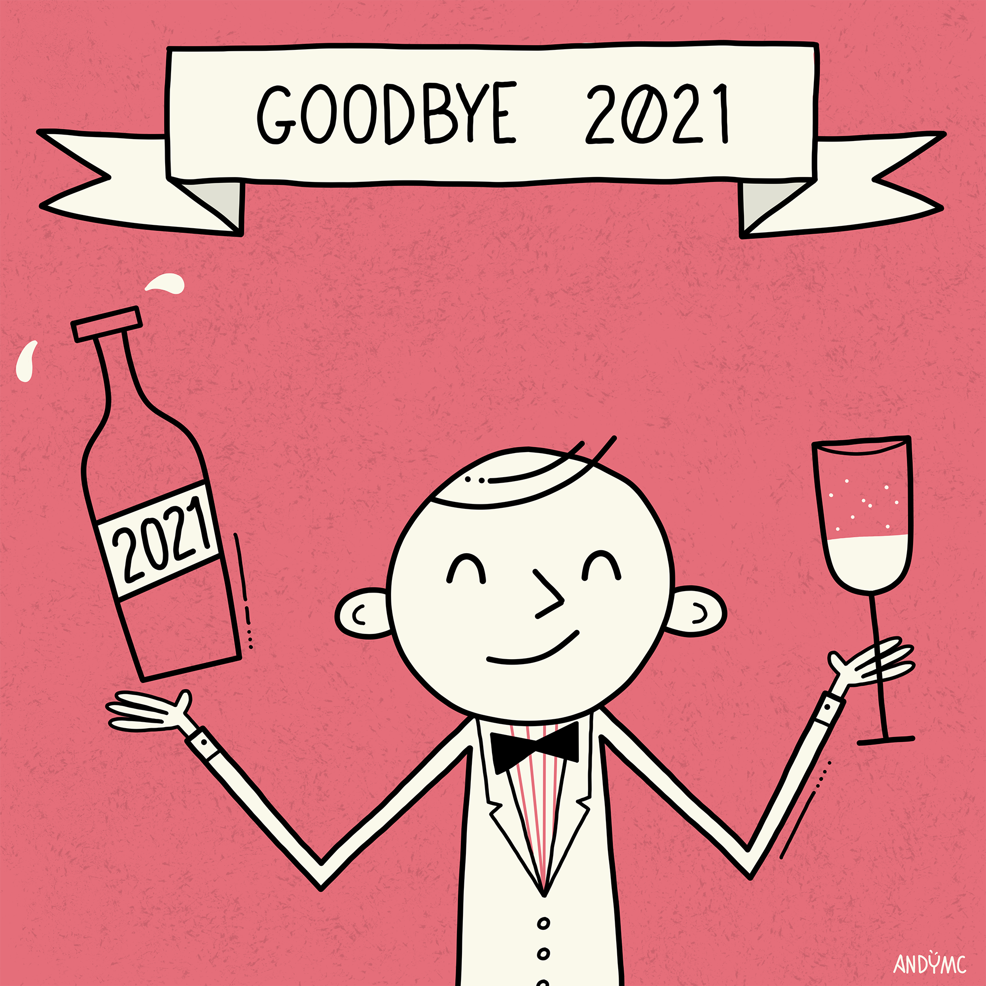 an illustration of a man in a suit with a champagne bottle and glass