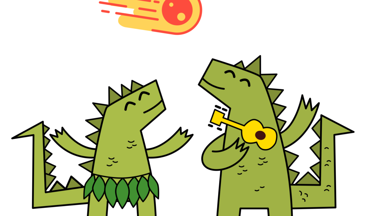 an illustration of two happy dinosaurs playing a ukulele and a comet passing overhead